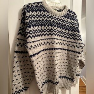 Vintage Fair Isle Navy and Grey Wool Fisherman Sweater . Chunky knit jumper